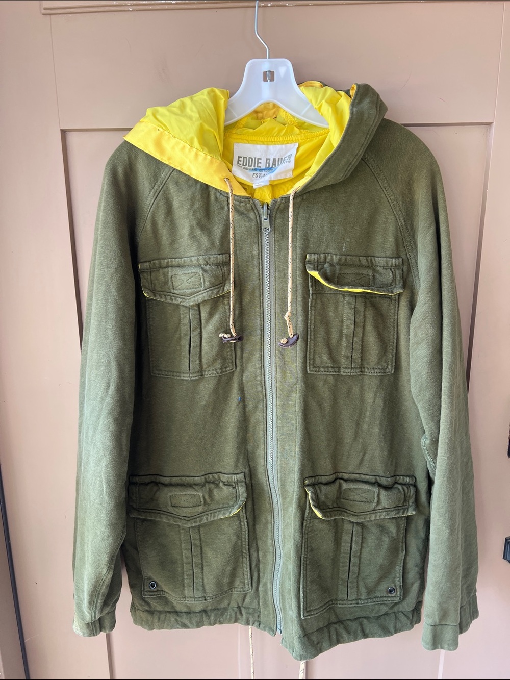 Eddie Bauer Men’s M Utility Cotton Green Yellow Nylon Reversible Jacket